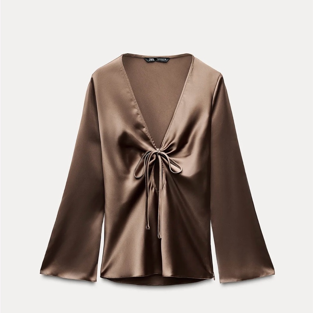 Brown Satin Tie-Front Blouse